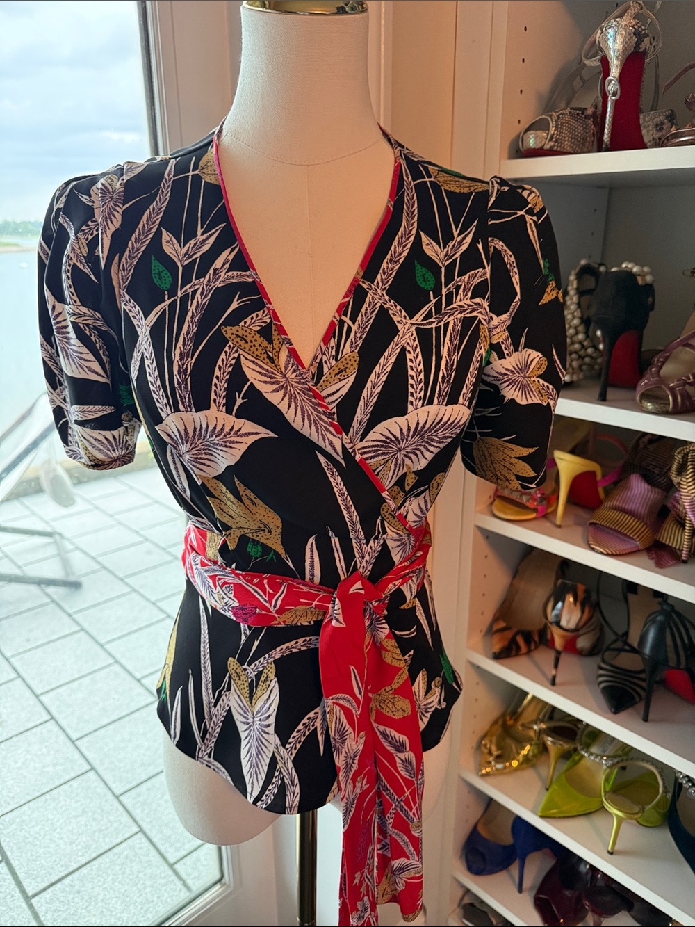 DVF black floral wrap top